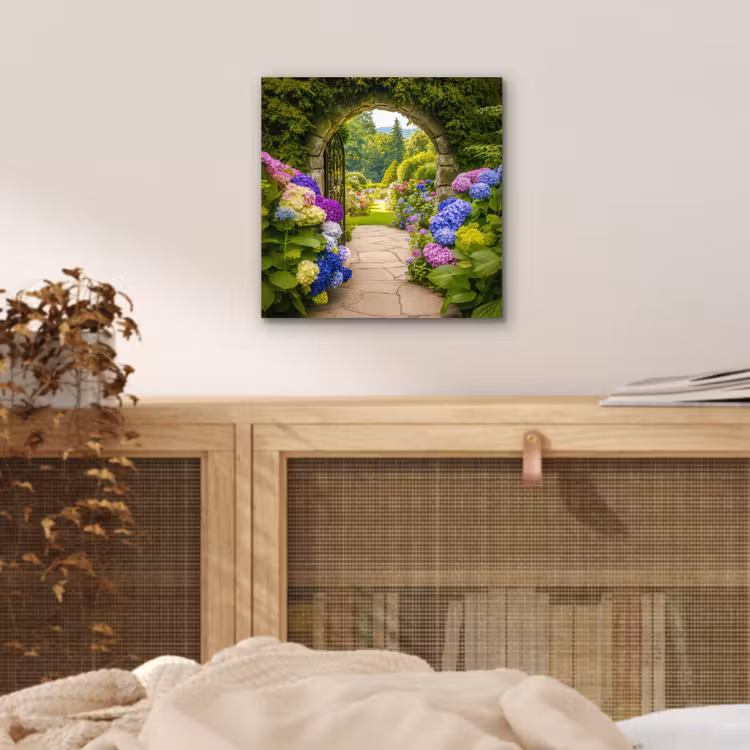 Aluminium schilderij - Doorkijk - Poort - Hortensia - Bloementuin — 4