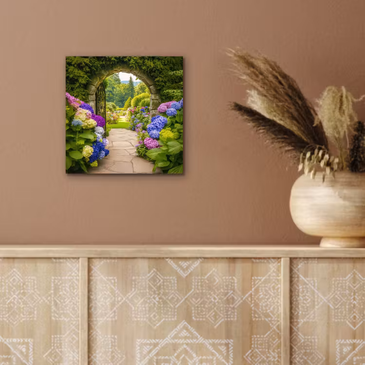 Aluminium schilderij - Doorkijk - Poort - Hortensia - Bloementuin — 5