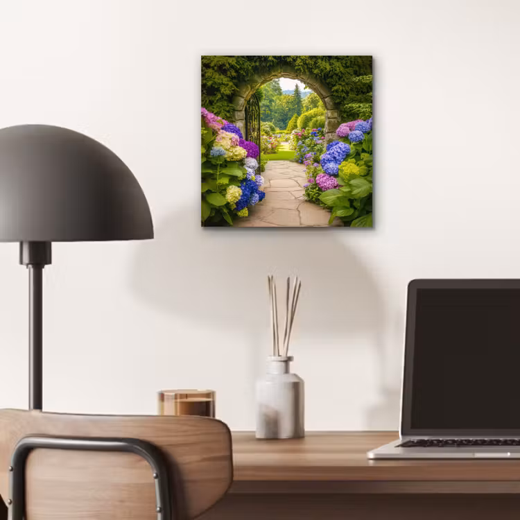 Aluminium schilderij - Doorkijk - Poort - Hortensia - Bloementuin — 6