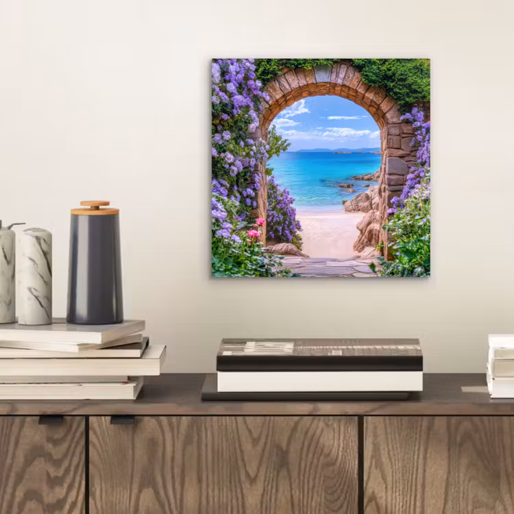 Aluminium schilderij - Doorkijk - Poort - Zee - Strand - Rotsen — 2