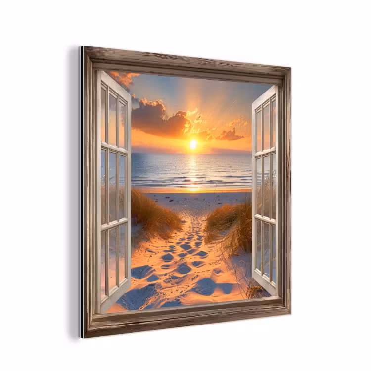Aluminium schilderij - Doorkijk - Strand - Duinen - Zonsondergang — 1