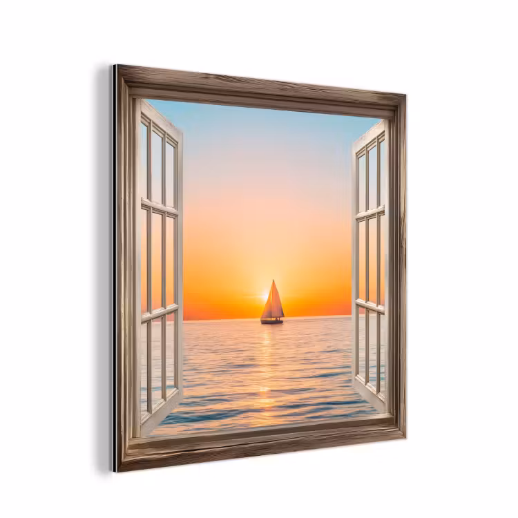 Aluminium schilderij - Doorkijk - Zee - Boot - Zonsondergang — 1