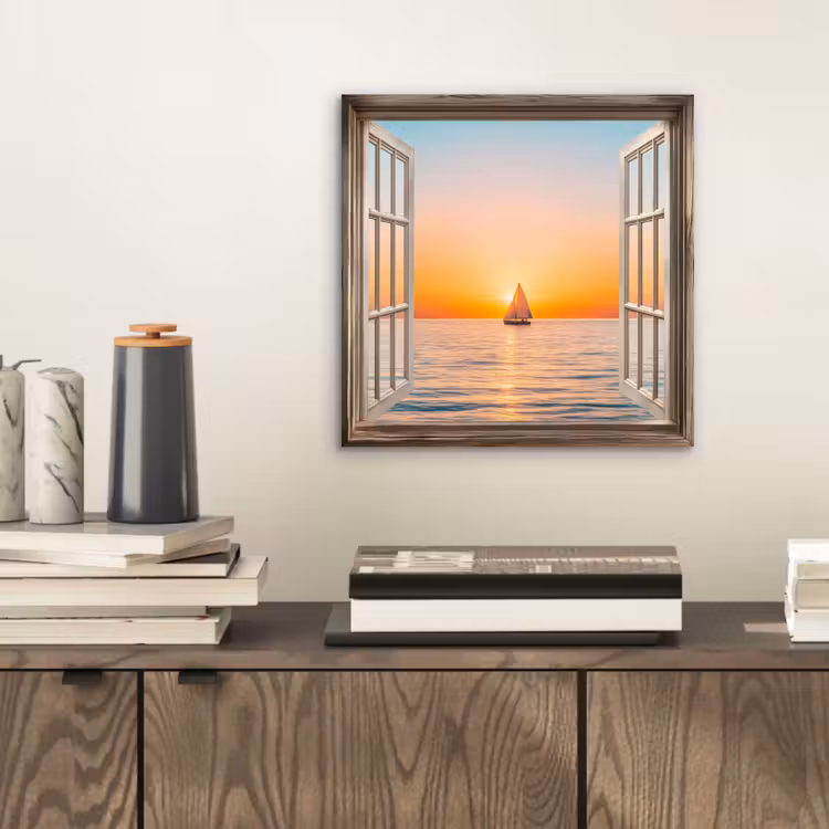Aluminium schilderij - Doorkijk - Zee - Boot - Zonsondergang — 2