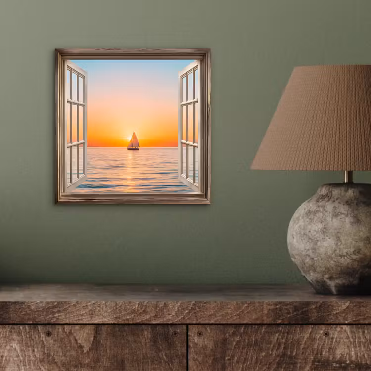 Aluminium schilderij - Doorkijk - Zee - Boot - Zonsondergang — 3