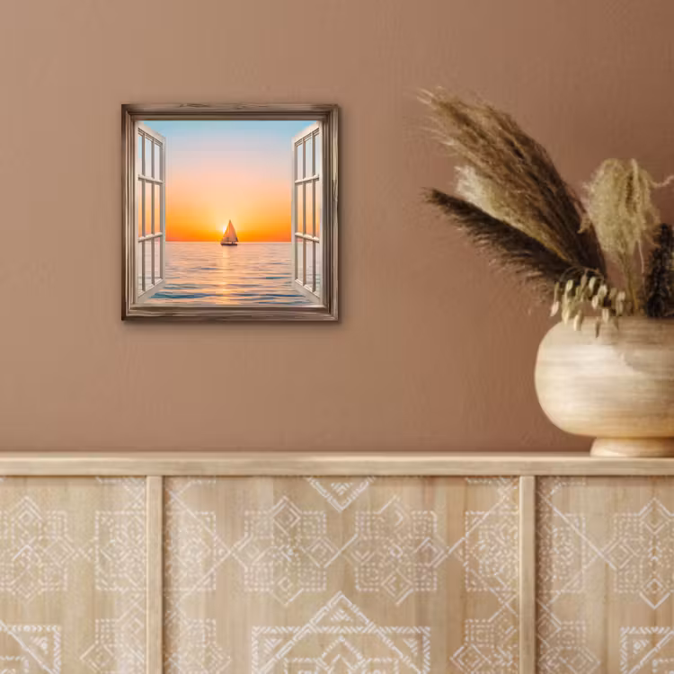 Aluminium schilderij - Doorkijk - Zee - Boot - Zonsondergang — 5