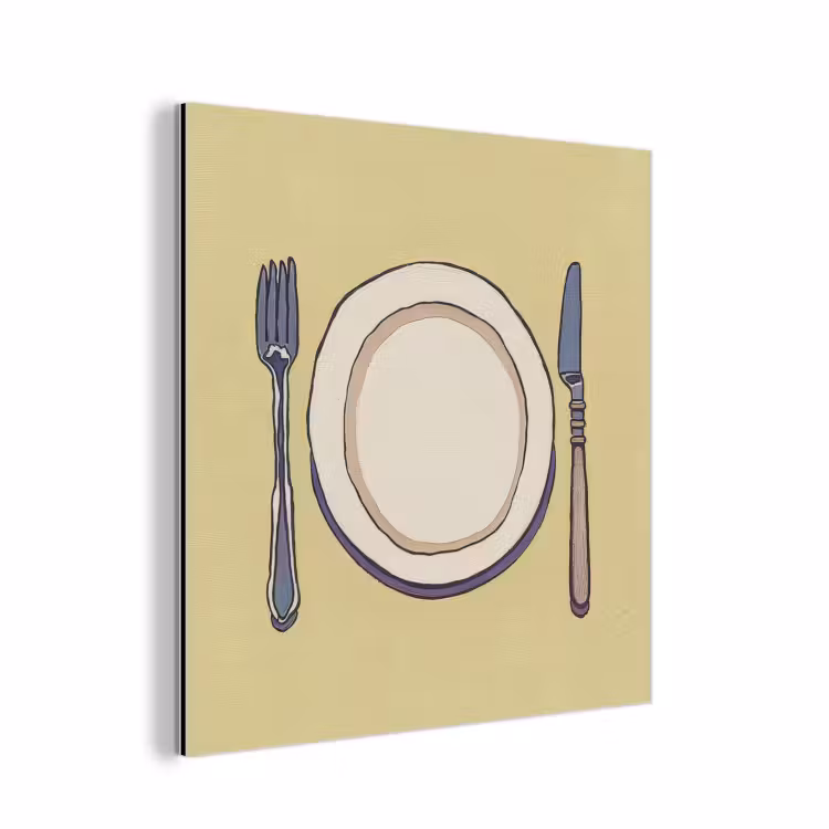 Aluminium schilderij - Illustratie - Bord - Bestek - Beige — 1