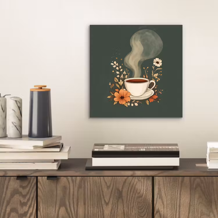 Aluminium schilderij - Kop - Bloemen - Groen - Koffie — 2