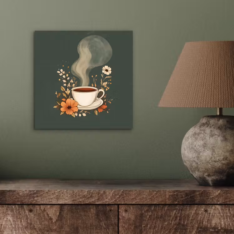 Aluminium schilderij - Kop - Bloemen - Groen - Koffie — 3