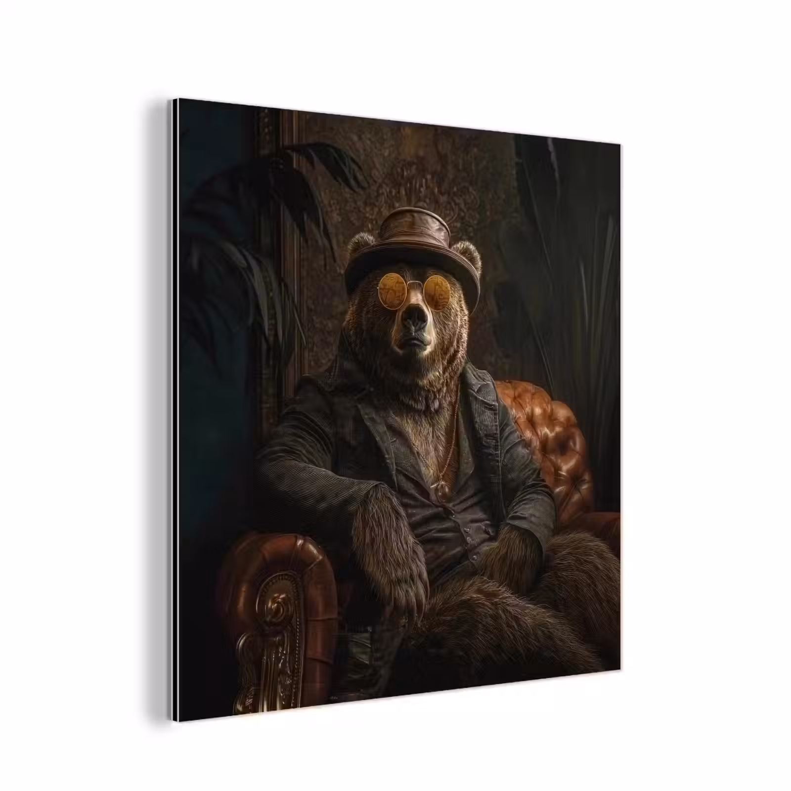Aluminium schilderij - Beer - Bruin - Pak - Hoed — 1