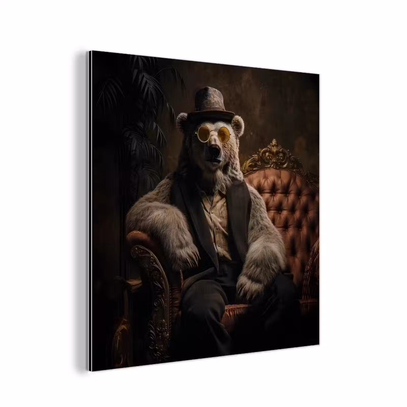 Aluminium schilderij - Ijsbeer - Hoed - Bril - Stoel — 1