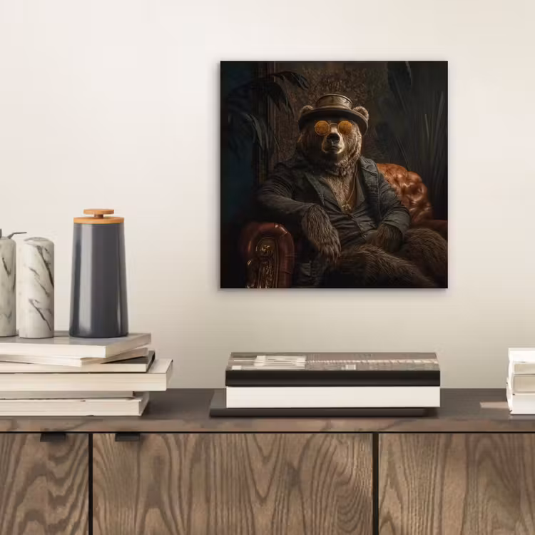 Aluminium schilderij - Beer - Bruin - Pak - Hoed — 2