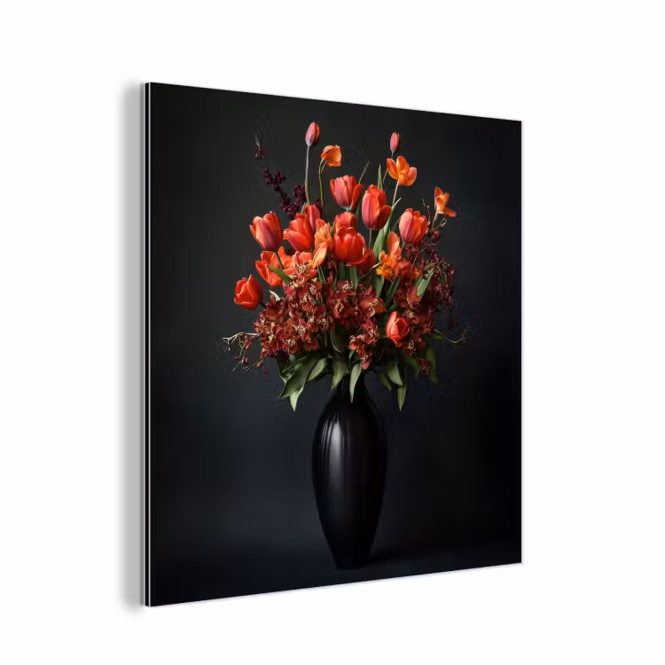 Aluminium schilderij - Boeket - Tulpen - Vaas - Rood — 1