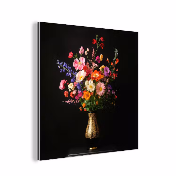 Aluminium schilderij - Kleurrijk - Boeket - Vaas - Goud — 1
