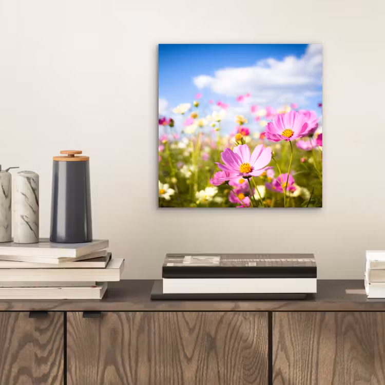 Aluminium schilderij - Bloemen - Wei - Paars - Gras - Wit - Wolken - Blauw — 2