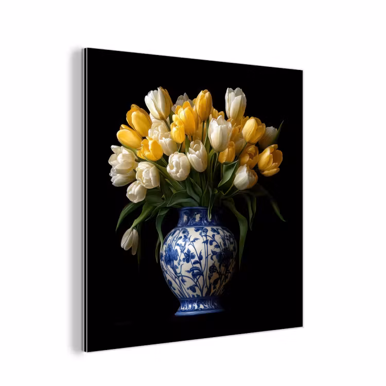 Aluminium schilderij - Geel - Tulpen - Vaas - Bloemen — 1