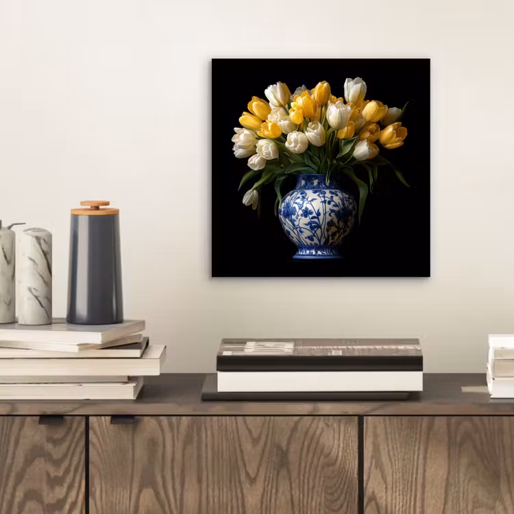 Aluminium schilderij - Geel - Tulpen - Vaas - Bloemen — 2