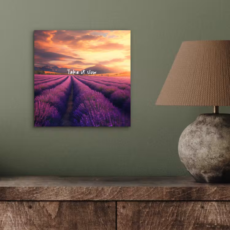 Aluminium schilderij - Lavendelveld - Quote - Zonsondergang — 3