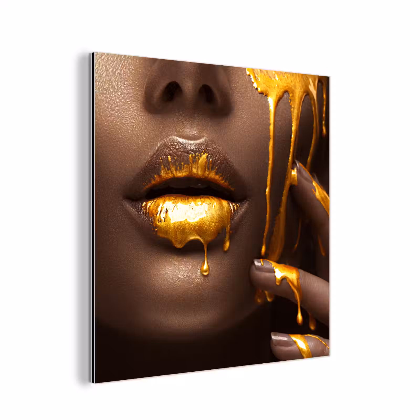 Aluminium schilderij - Goud - Vrouw - Verf - Lippen - Luxe — 1