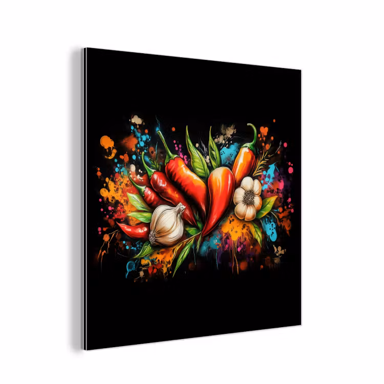 Aluminium schilderij - Groente - Peper - Knoflook - Graffiti - Verf - Kleurrijk — 1