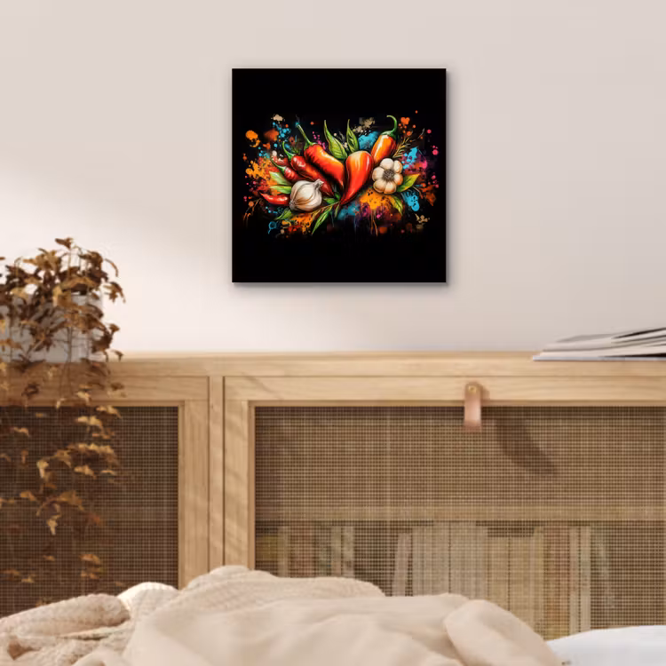 Aluminium schilderij - Groente - Peper - Knoflook - Graffiti - Verf - Kleurrijk — 4