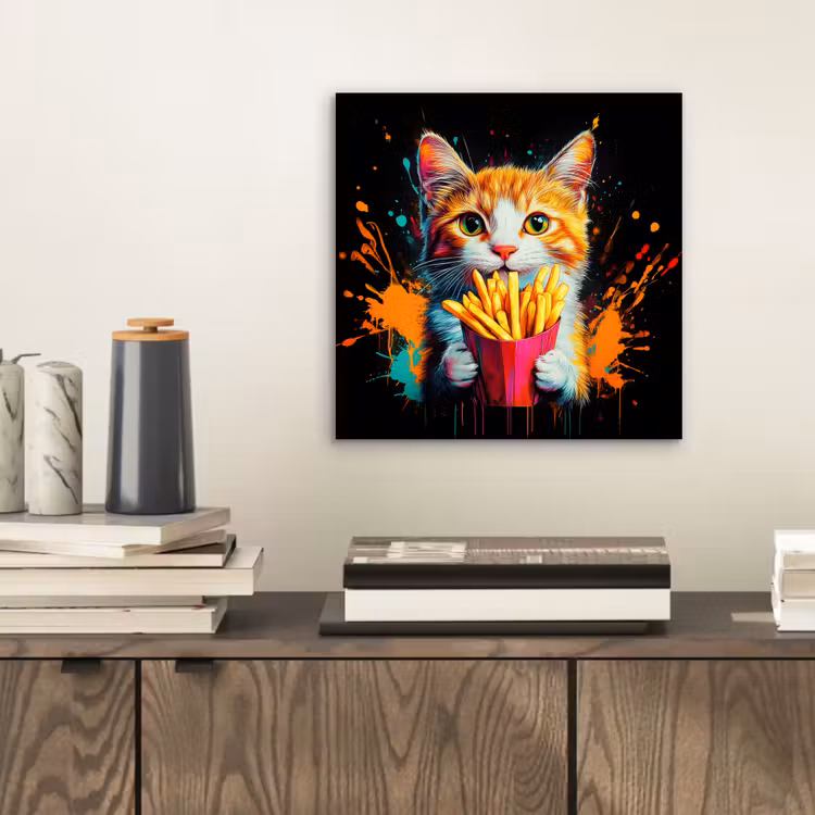 Aluminium schilderij - Kat - Eten - Patat - Graffiti - Abstract — 2
