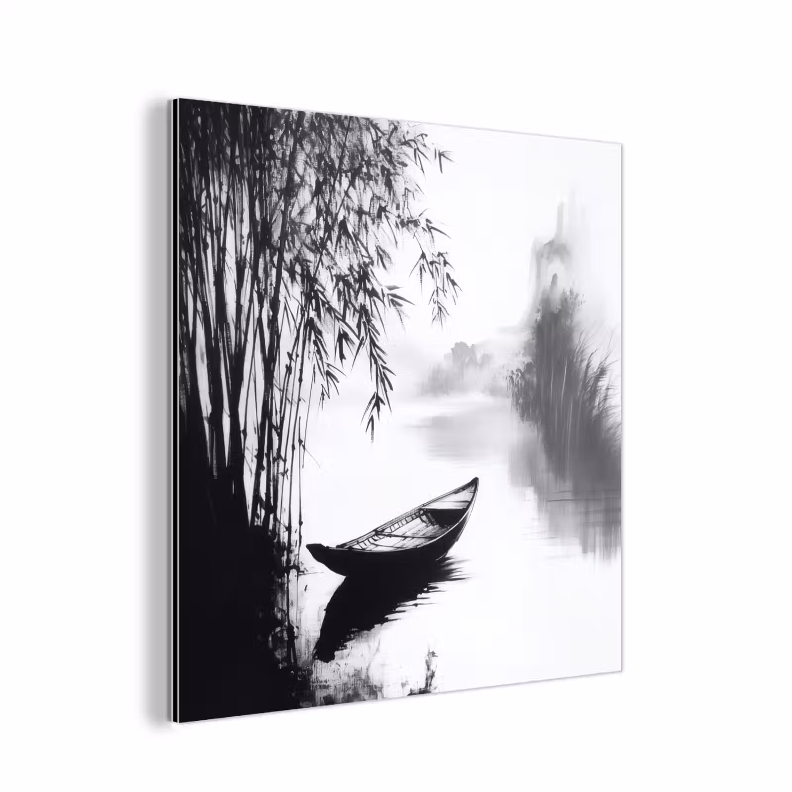 Aluminium schilderij - Boot - Rivier - Bamboe - Wit — 1