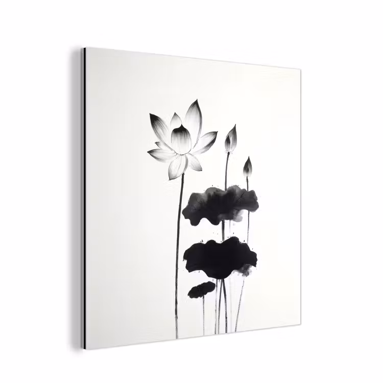 Aluminium schilderij - Bladeren - Zwart - Lotusbloem - Minimalitisch — 1