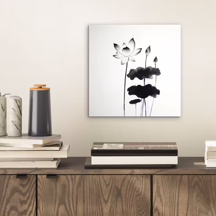 Aluminium schilderij - Bladeren - Zwart - Lotusbloem - Minimalitisch — 2