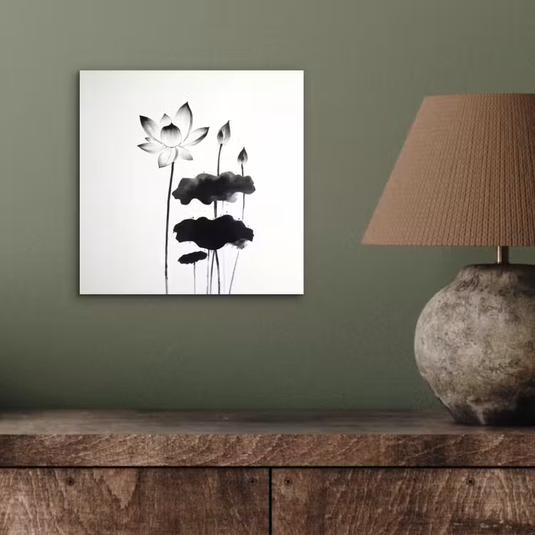 Aluminium schilderij - Bladeren - Zwart - Lotusbloem - Minimalitisch — 3