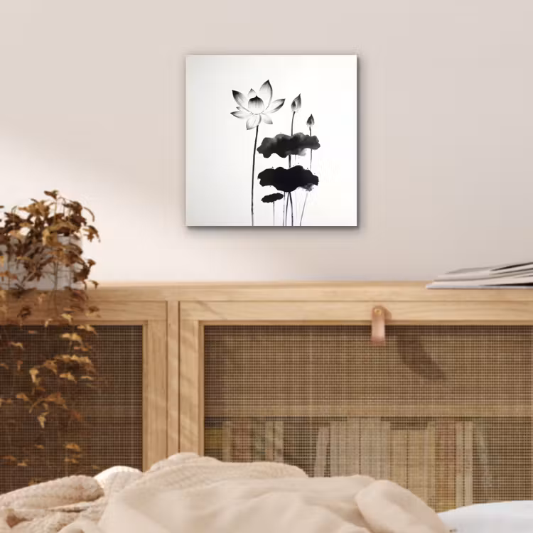 Aluminium schilderij - Bladeren - Zwart - Lotusbloem - Minimalitisch — 4