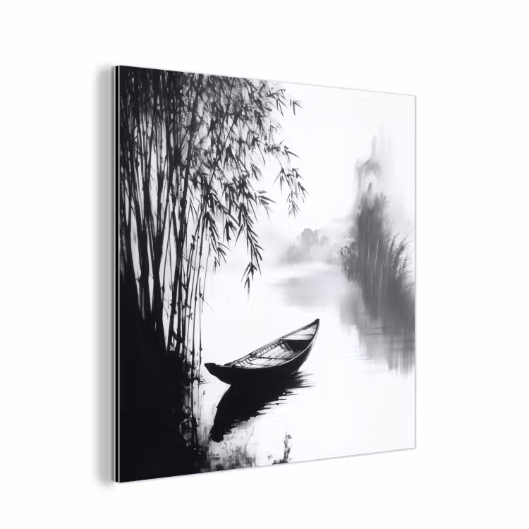 Aluminium schilderij - Boot - Rivier - Bamboe - Wit — 1