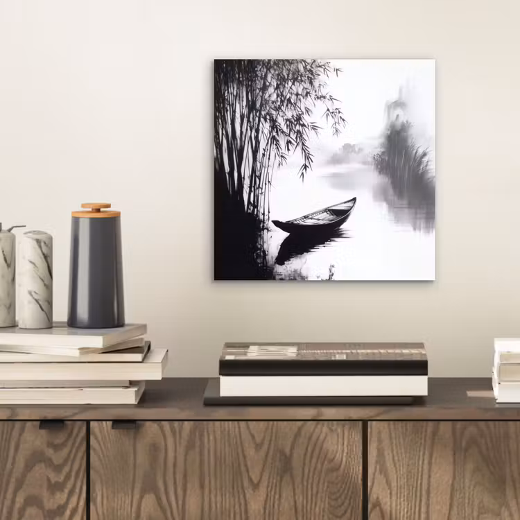 Aluminium schilderij - Boot - Rivier - Bamboe - Wit — 2