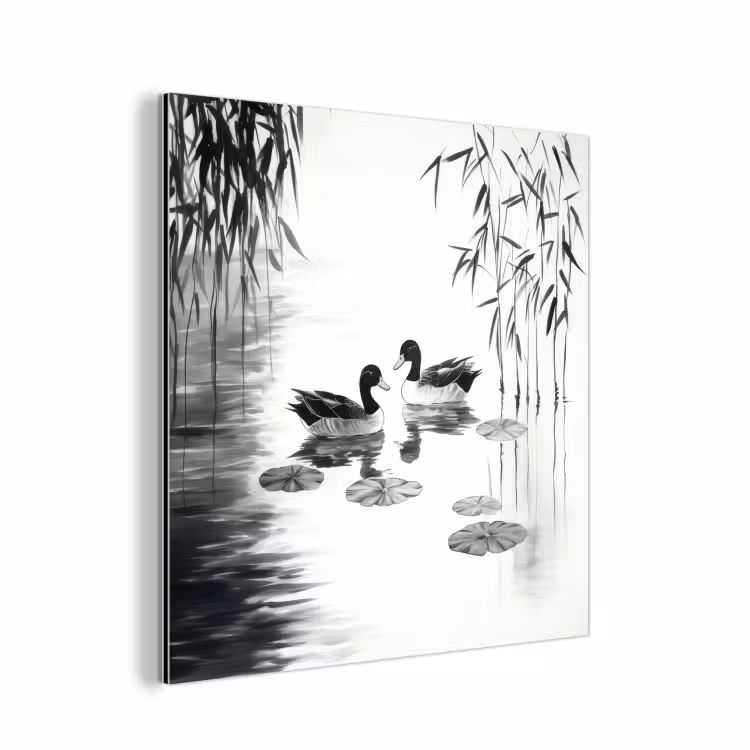Aluminium schilderij - Eenden - Waterlelies - Riet - Zwart — 1