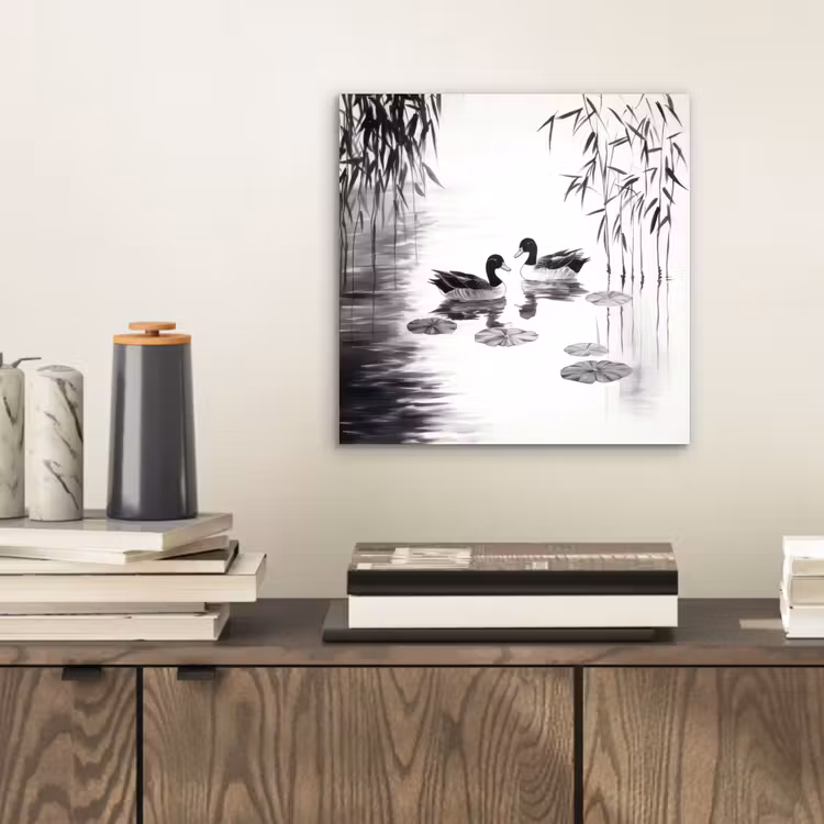 Aluminium schilderij - Eenden - Waterlelies - Riet - Zwart — 2