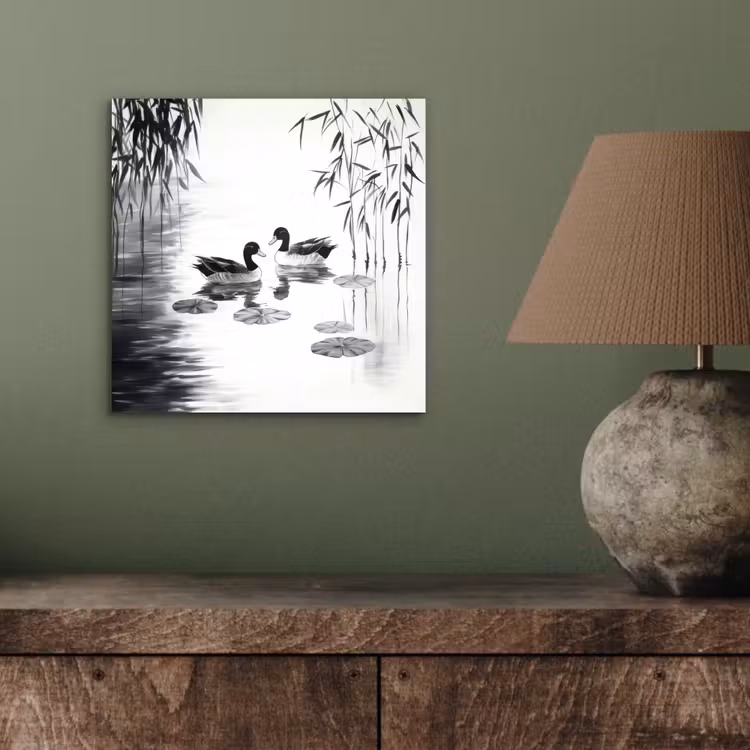 Aluminium schilderij - Eenden - Waterlelies - Riet - Zwart — 3