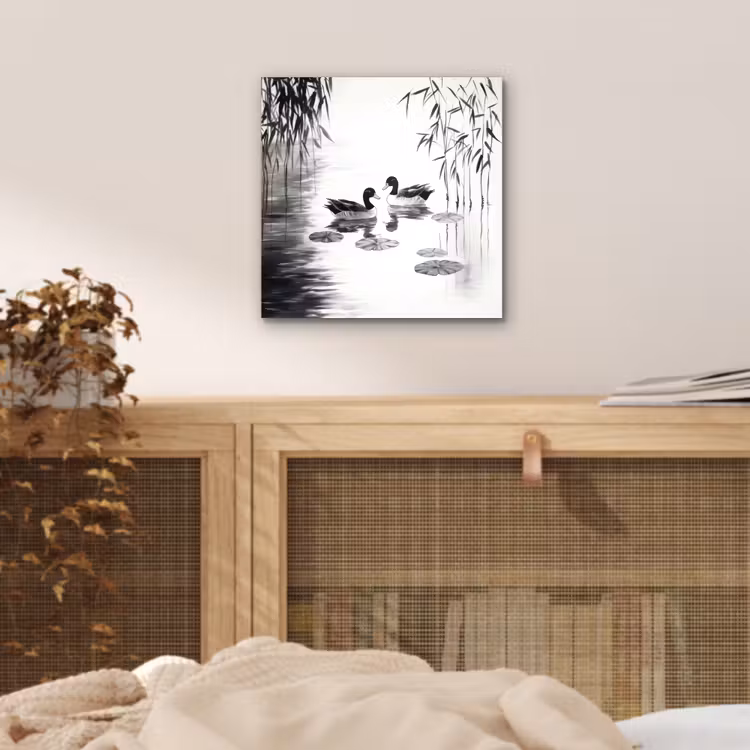 Aluminium schilderij - Eenden - Waterlelies - Riet - Zwart — 4