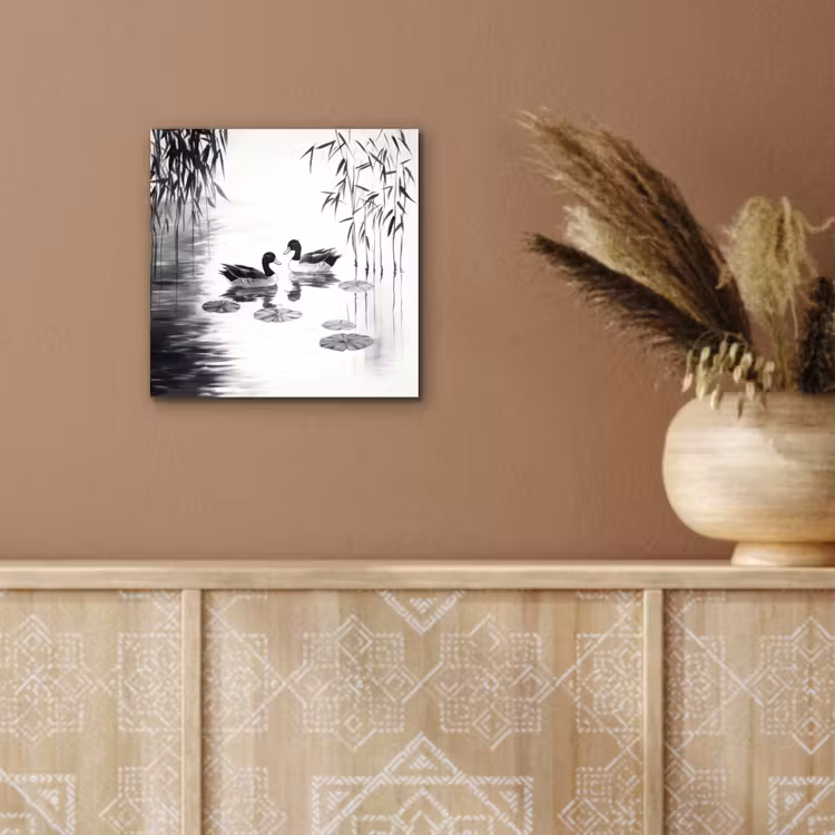 Aluminium schilderij - Eenden - Waterlelies - Riet - Zwart — 5