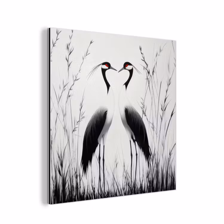 Aluminium schilderij - Kraanvogels - Gras - Hartvorm - Zwart — 1