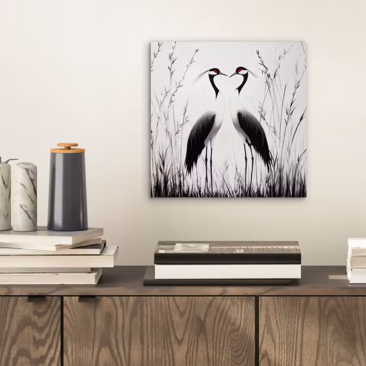 Aluminium schilderij - Kraanvogels - Gras - Hartvorm - Zwart — 2