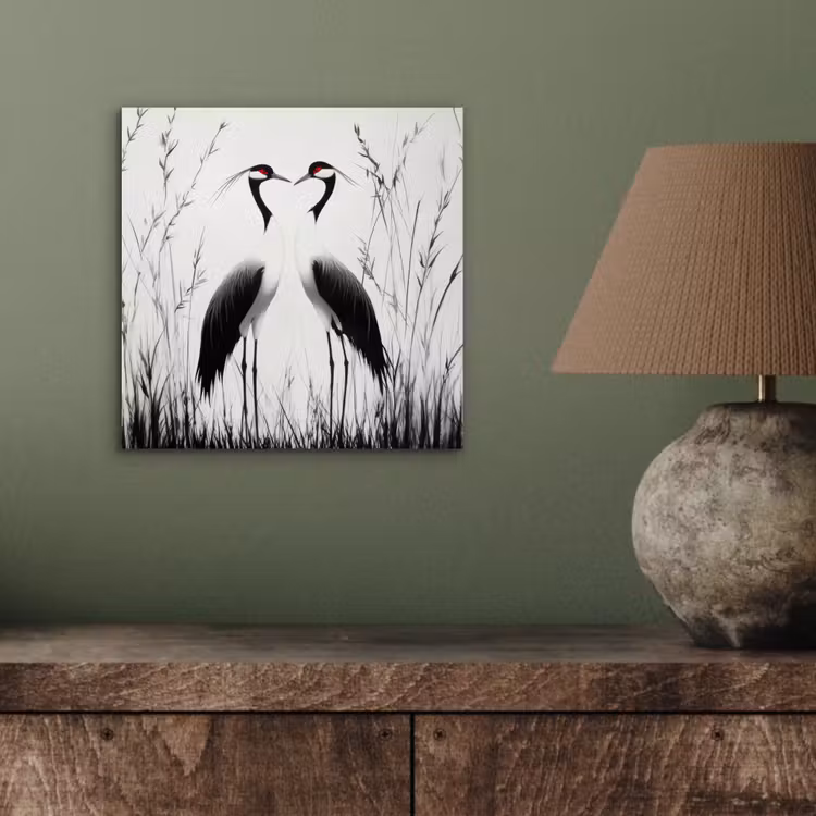 Aluminium schilderij - Kraanvogels - Gras - Hartvorm - Zwart — 3