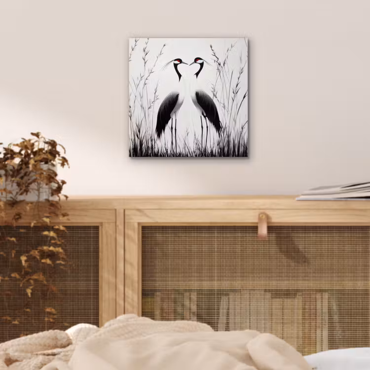 Aluminium schilderij - Kraanvogels - Gras - Hartvorm - Zwart — 4