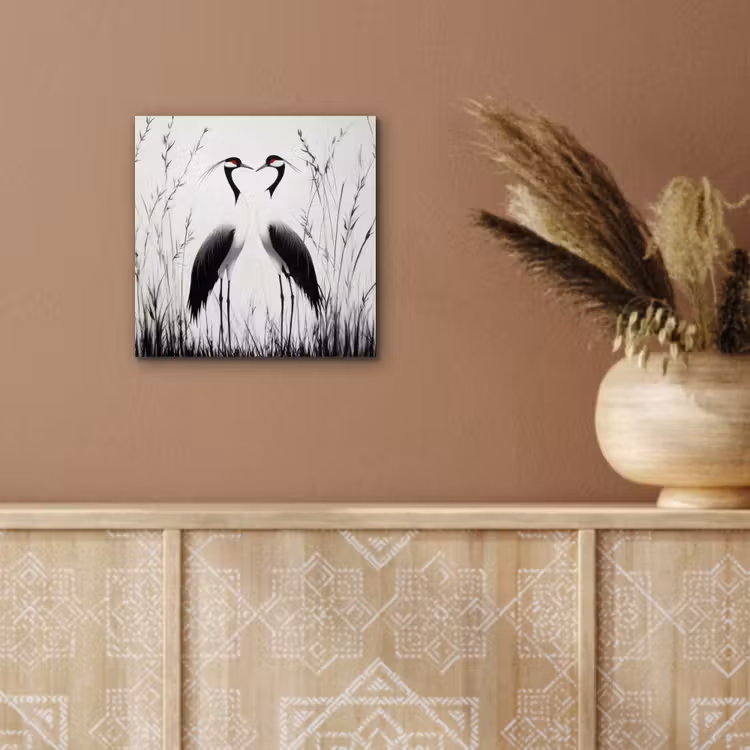 Aluminium schilderij - Kraanvogels - Gras - Hartvorm - Zwart — 5