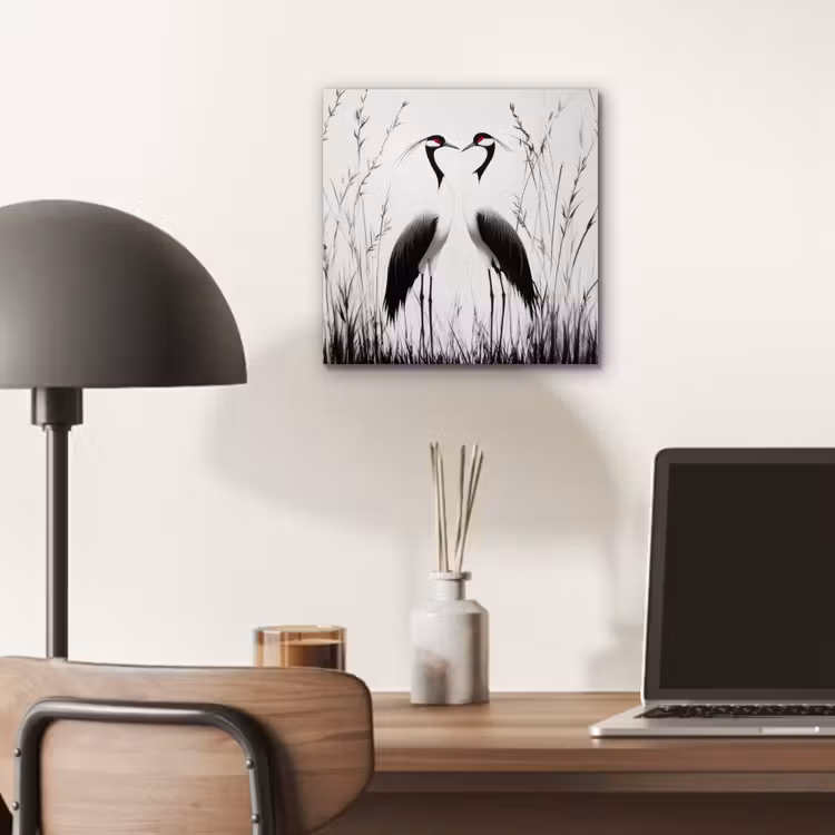 Aluminium schilderij - Kraanvogels - Gras - Hartvorm - Zwart — 6