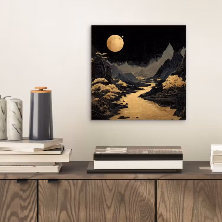 Aluminium schilderij - Gouden rivier - Bergen - Maan - Sterrenhemel — 2