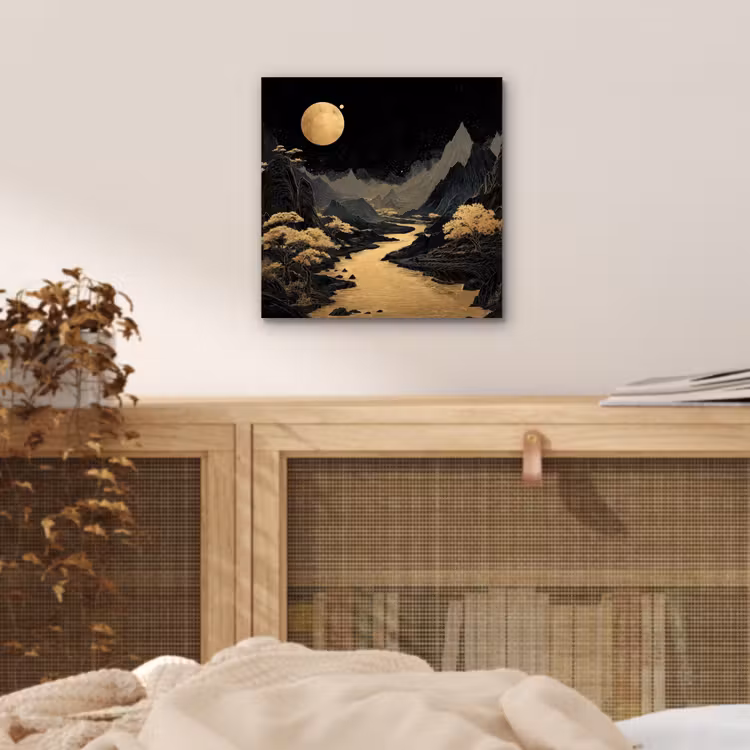 Aluminium schilderij - Gouden rivier - Bergen - Maan - Sterrenhemel — 4