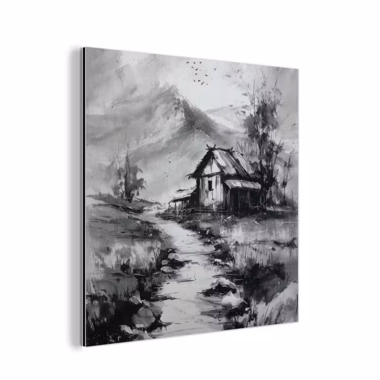 Aluminium schilderij - Hut - Grijs - Bergen - Mistig — 1