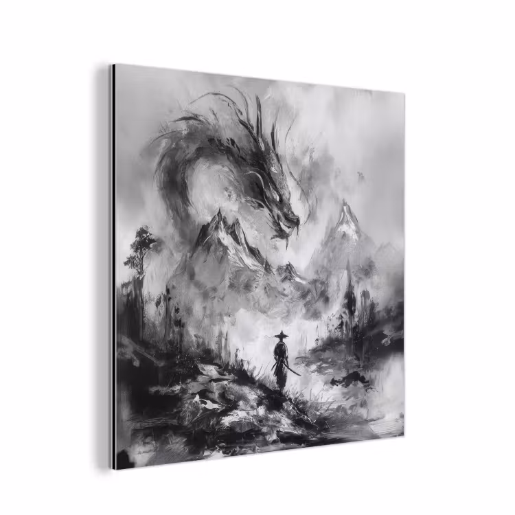 Aluminium schilderij - Krijger - Draak - Grijs — 1