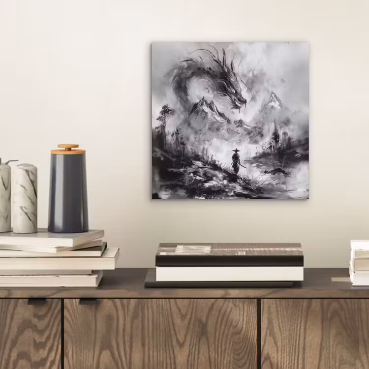 Aluminium schilderij - Krijger - Draak - Grijs — 2