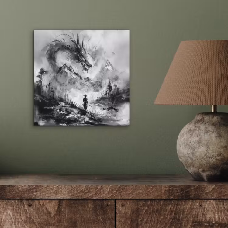Aluminium schilderij - Krijger - Draak - Grijs — 3