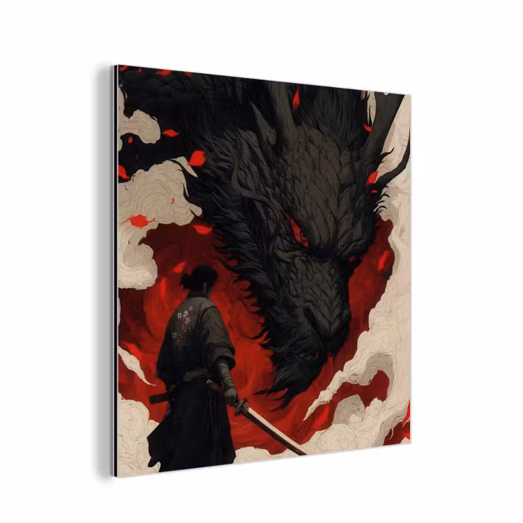 Aluminium schilderij - Krijger - Draak - Zwart - Rood - Rook — 1